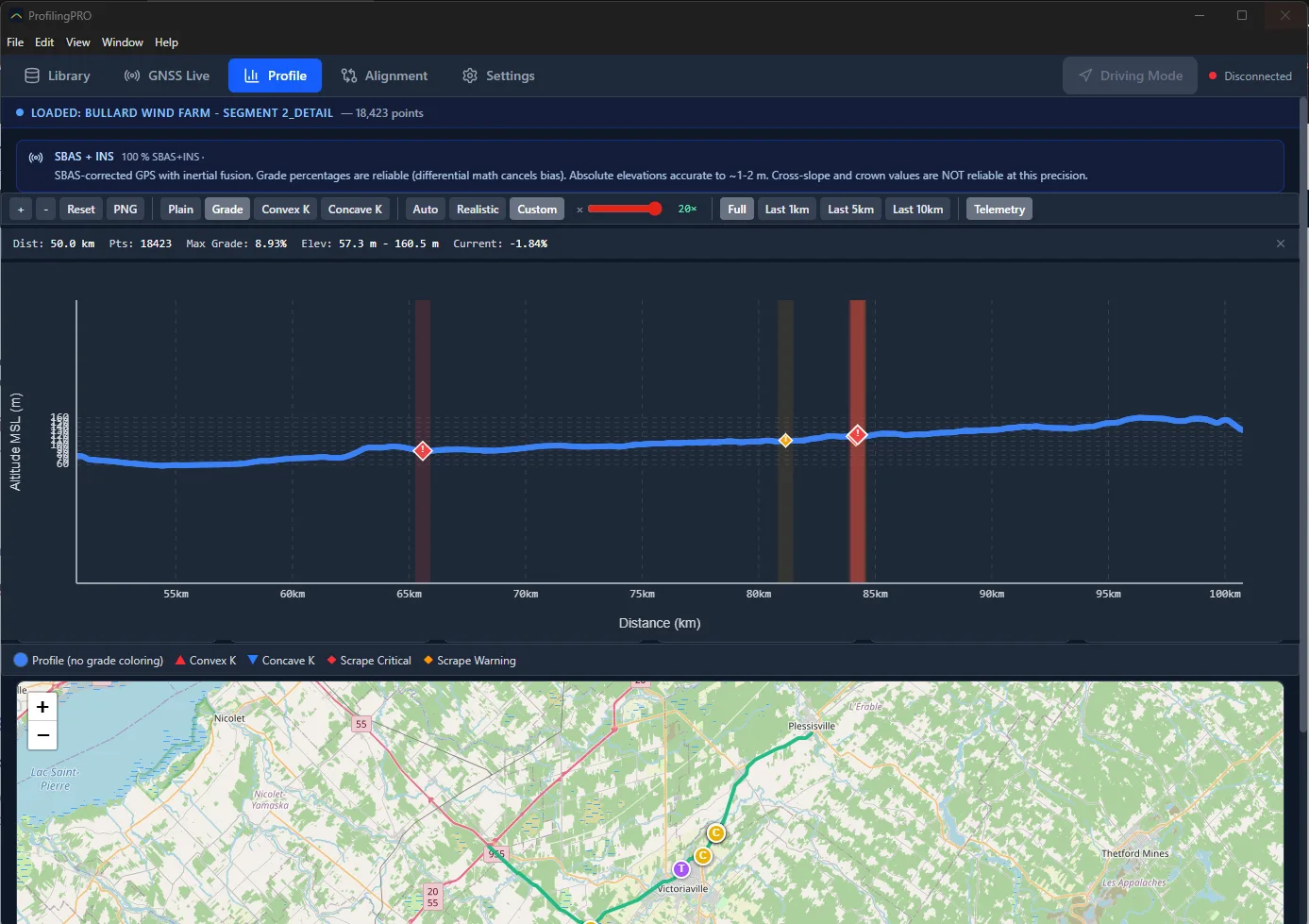 ProfilingPRO profile view: 50 km wind-farm segment with convex/concave K markers, scrape warnings and the route map